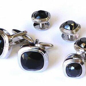 Triple Tier Soft Square Rhodium  Black Faceted Fiber Optic Stone Set